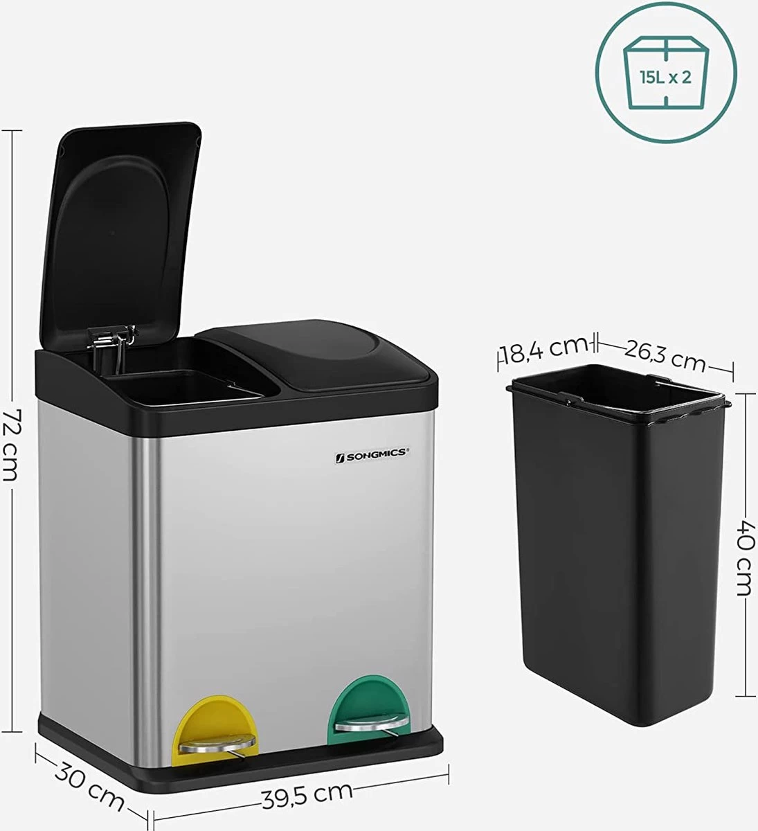 ZAZA Home & Office Poubelle 30 Litres, Tri Des Déchets, 2 X 15 Litres, Poubelle, Poubelle à Pédale Avec Poubelles Intérieures, Pédales Colorées, Système De Séparation Des Déchets Pour La Cuisine, Argent-noir 6 ZAZA Home & Office Poubelle 30 Litres, Tri Des Déchets, 2 X 15 Litres, Poubelle, Poubelle à Pédale Avec Poubelles Intérieures, Pédales Colorées, Système De Séparation Des Déchets Pour La Cuisine, Argent-noir – Image 4
