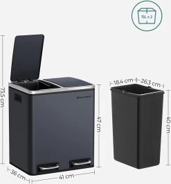 Songmics Poubelle De Cuisine, 2 X 15 L, Système De Tri Des Déchets, Poubelle En Métal, Poubelle à Pédale Avec Bacs Intérieurs Et Poignées, Tri Des Déchets, Fermeture Soft , Hermétique, Anthracite LTB30GS -Outils de jardinage professionnels 1114x1200 4
