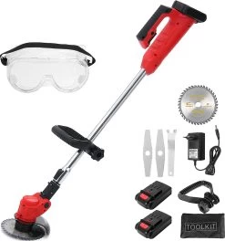 Tondeuses à Tondeuses à Gazon électriques Sans Fil Rechargeables - Tondeuse à Gazon - Tondeuse à Gazon - Poignée Réglable - Avec Lunettes De Lunettes De Sécurité Et 2 Piles - Pour Tailler La Pelouse De Jardin - Rouge