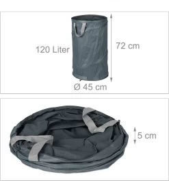 Relaxdays Pop Up Sac à Déchets De Jardin - Lot De 2 - Sac De Jardin 120 L - Sac à Mauvaises Herbes Pliable - Gris -Outils de jardinage professionnels 1124x1200