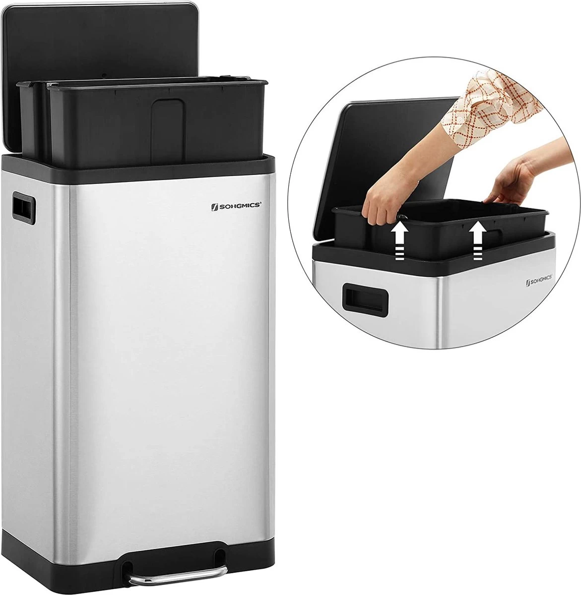Songmics Poubelle, Poubelle De 45 Litres Avec Pédale, Récipient Extérieur En Acier Inoxydable, Avec Poubelle Intérieure Et Couvercle En Plastique, Fermeture Amortie, Anti-empreintes Digitales, Pour La Cuisine, Argent LTB007E01 4 Songmics Poubelle, Poubelle De 45 Litres Avec Pédale, Récipient Extérieur En Acier Inoxydable, Avec Poubelle Intérieure Et Couvercle En Plastique, Fermeture Amortie, Anti-empreintes Digitales, Pour La Cuisine, Argent LTB007E01 – Image 2