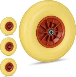 Relaxdays 4x Roue De Brouette 4.00-6 - Caoutchouc Plein - Roue De Secours Anti-crevaison - Adaptateurs - Jaune-rouge