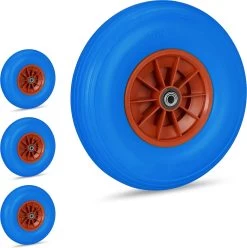 Relaxdays 4x Roue De Brouette 4.00-6 - Tout Caoutchouc - Roue De Secours Anti-crevaison PU - Adaptateurs Bleu
