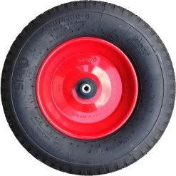 Roue De Brouette FORT 400x100mm Avec Pneumatique 4PLy, Jante Acier Rouge, Longueur Axe 130 Mm Et Ø 20mm