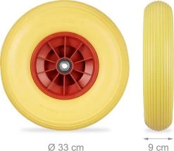 Relaxdays 1x Roue De Brouette 4.00-6 - Caoutchouc Intégral - Roue De Secours Anti-crevaison - Adaptateurs - Jaune-rouge -Outils de jardinage professionnels 1200x1045