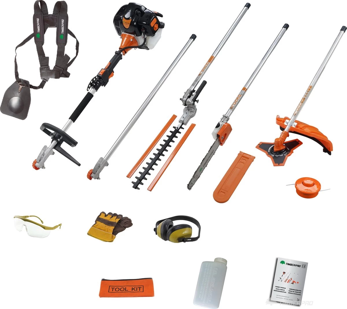 TIMBERPRO - 5-en-1 - Outil Multifonction - Essence - Tronçonneuse - Débroussailleuse - Tondeuse De Bord - Taille-haie - Rallonge - 52 Cc.