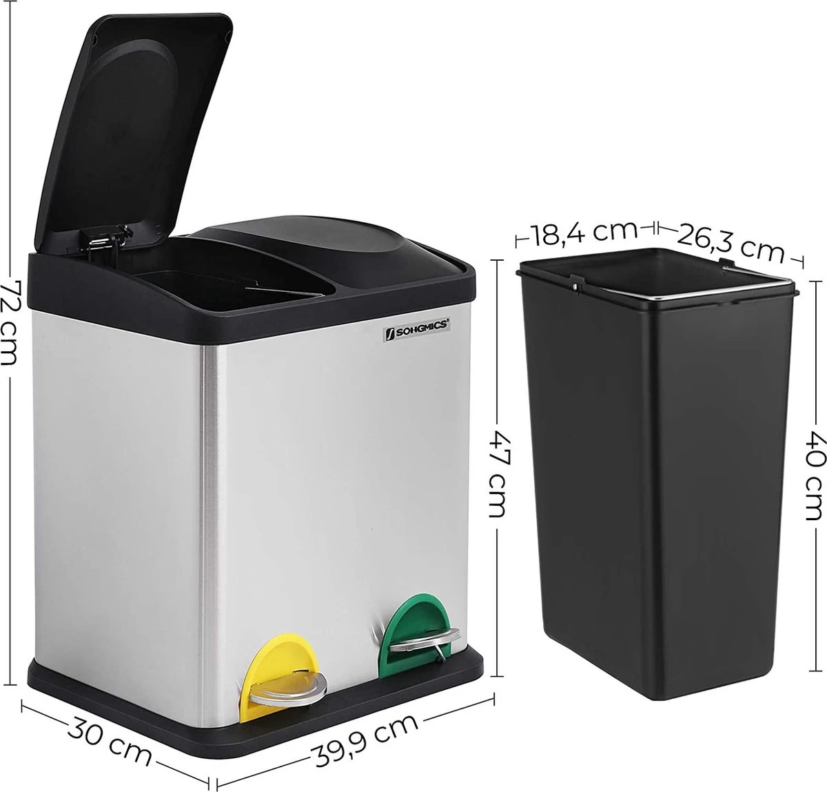 ZAZA Home & Office Poubelle 30 Litres, Tri Des Déchets, 2 X 15 Litres, Poubelle, Poubelle à Pédale Avec Poubelles Intérieures, Pédales Colorées, Système De Séparation Des Déchets Pour La Cuisine, Argent-noir 11 ZAZA Home & Office Poubelle 30 Litres, Tri Des Déchets, 2 X 15 Litres, Poubelle, Poubelle à Pédale Avec Poubelles Intérieures, Pédales Colorées, Système De Séparation Des Déchets Pour La Cuisine, Argent-noir – Image 9