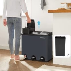 Songmics Poubelle Pour La Cuisine, 54 Litres, Poubelle, Poubelle à Pédale Avec 3 Compartiments, Bacs Intérieurs Et 6 Autocollants Pour Le Tri Des Déchets, Système De Tri Des Déchets, Gris-noir LTB54G -Outils de jardinage professionnels 1200x1200 1355