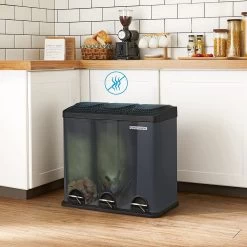 Songmics Poubelle Pour La Cuisine, 54 Litres, Poubelle, Poubelle à Pédale Avec 3 Compartiments, Bacs Intérieurs Et 6 Autocollants Pour Le Tri Des Déchets, Système De Tri Des Déchets, Gris-noir LTB54G -Outils de jardinage professionnels 1200x1200 1356