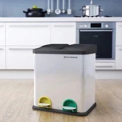ZAZA Home & Office Poubelle 30 Litres, Tri Des Déchets, 2 X 15 Litres, Poubelle, Poubelle à Pédale Avec Poubelles Intérieures, Pédales Colorées, Système De Séparation Des Déchets Pour La Cuisine, Argent-noir