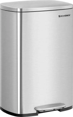 Songmics Poubelle, Poubelle, 50 Litres, Poubelle à Pédale En Acier, Poubelle Intérieure En Plastique, Avec Couvercle à Charnière, Fermeture Amortie, Hermétique, Pour La Cuisine, Argent LTB050E01