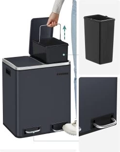 Songmics Poubelle De Cuisine, 2 X 15 L, Système De Tri Des Déchets, Poubelle En Métal, Poubelle à Pédale Avec Bacs Intérieurs Et Poignées, Tri Des Déchets, Fermeture Soft , Hermétique, Anthracite LTB30GS -Outils de jardinage professionnels 950x1200