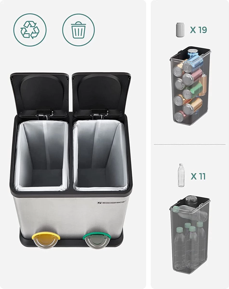 ZAZA Home & Office Poubelle 30 Litres, Tri Des Déchets, 2 X 15 Litres, Poubelle, Poubelle à Pédale Avec Poubelles Intérieures, Pédales Colorées, Système De Séparation Des Déchets Pour La Cuisine, Argent-noir 10 ZAZA Home & Office Poubelle 30 Litres, Tri Des Déchets, 2 X 15 Litres, Poubelle, Poubelle à Pédale Avec Poubelles Intérieures, Pédales Colorées, Système De Séparation Des Déchets Pour La Cuisine, Argent-noir – Image 8